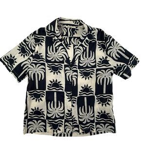 Hering Short Sleeve Shirt Women Small Blue Palm Trees Sun V-neck Vacation